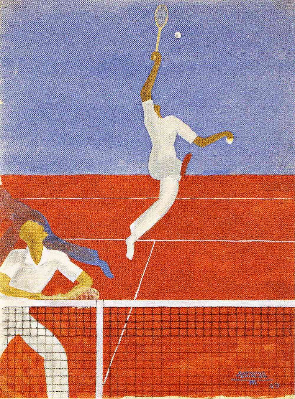 Gouache tennis 2 joueurs au filet Raymond Templier 1943
