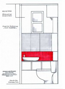 Elévation projet micro SDE -faïence rouge et rangements avec miroirs