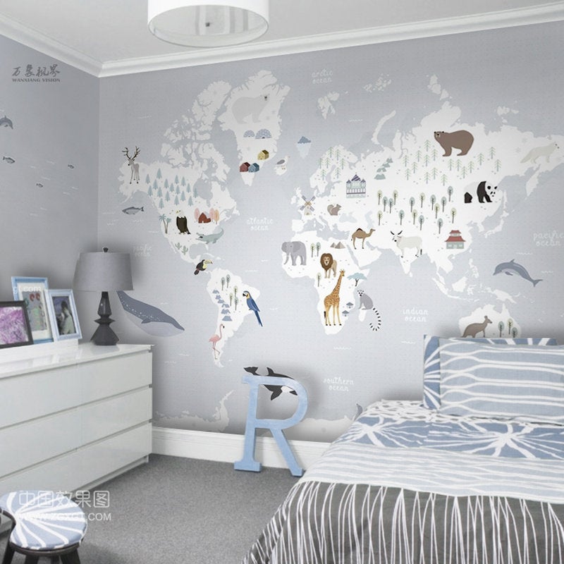 Papier peint Carte du monde illustrée Animaux - Muralconcept