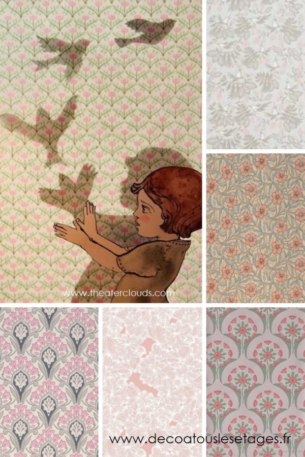 Blog_Atouslesetages_papiers-peints-jardin-imaginaire_enfant_fleurs-oiseaux_illustration-Elly-MacKay_rose-vert