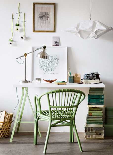 Bonne idée déco/pratique : une pile de livres en guise de pied de bureau