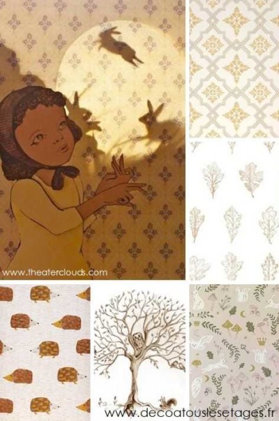 Blog_Atouslesetages_papier-peint-imaginaire_enfant_automne_lapin_illustration-Elly-MacKay_jaune_brun_mosaique